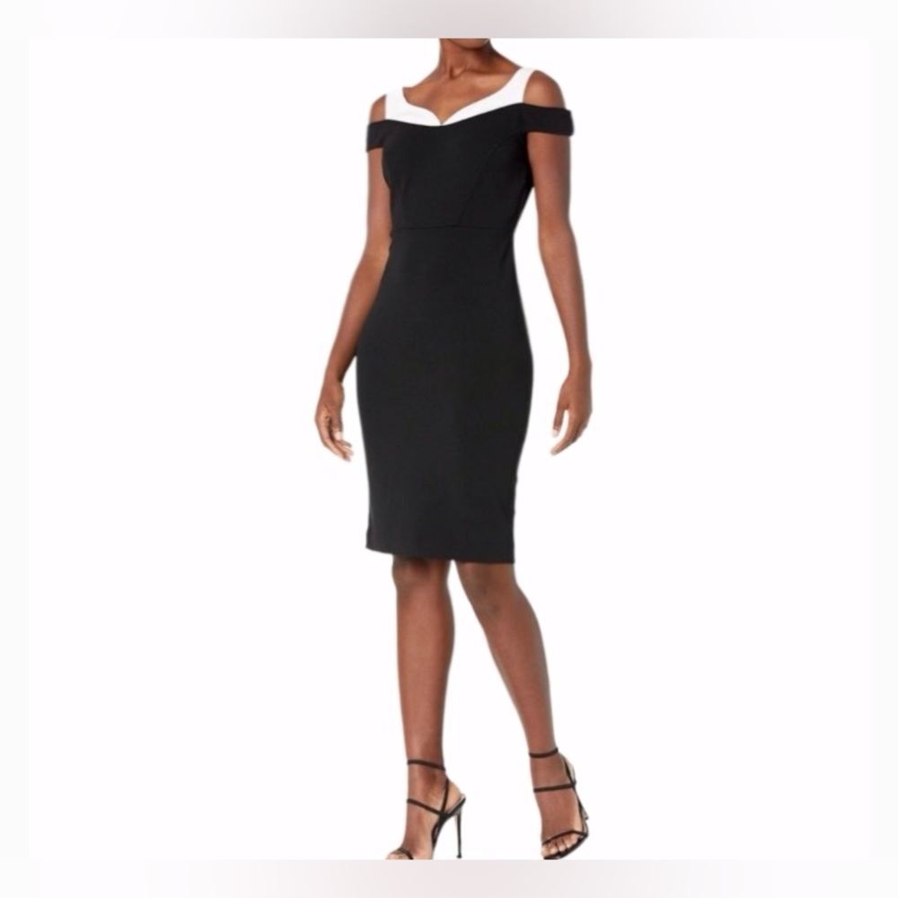 NWT Calvin Klein Off-Shoulder Black and White Sheath Dress size 6